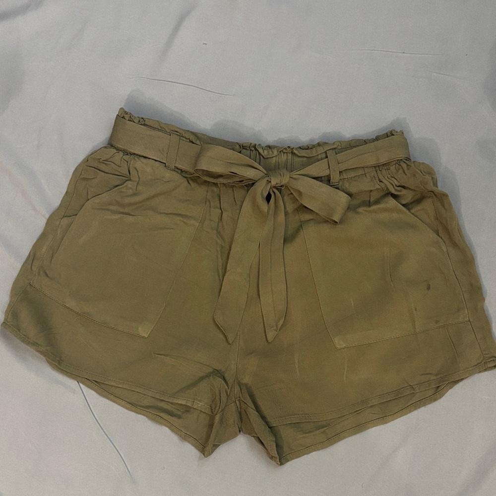 High Waist Tan Women's Shorts with Tie Belt